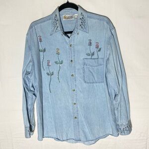 Vintage Christine Alexander Denim Shirt W Rhinestone Flowers S Festival Stampede